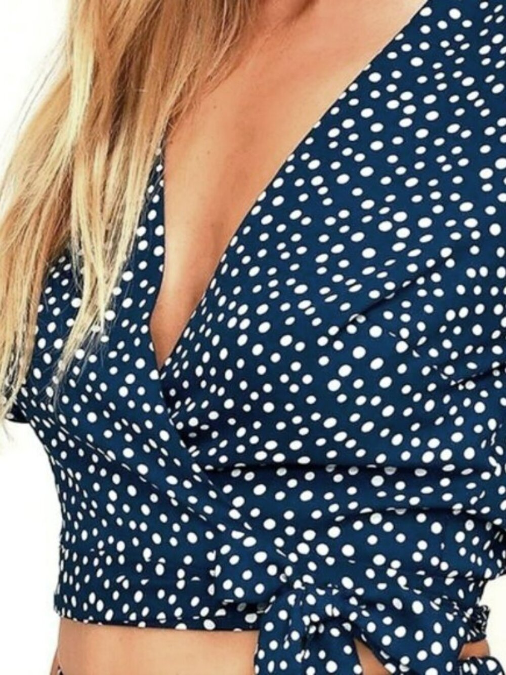 Lulu's Women's Wrap Top Blouse Size XS Blue White Polka Dots Crop TiesSummer